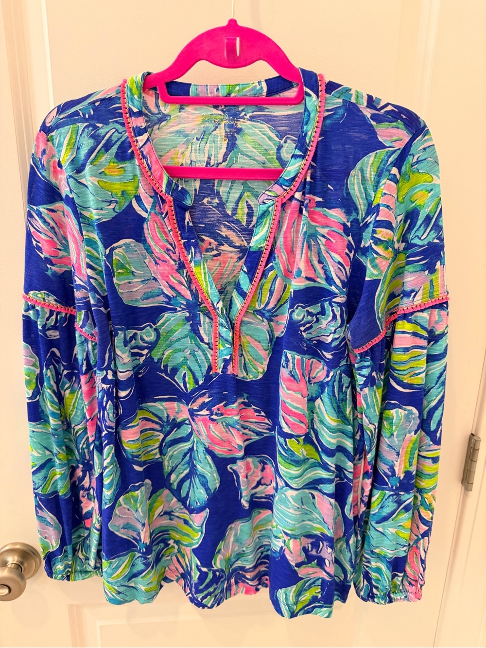 Lilly Pulitzer Blue Pink Green Tropical Print Blouse